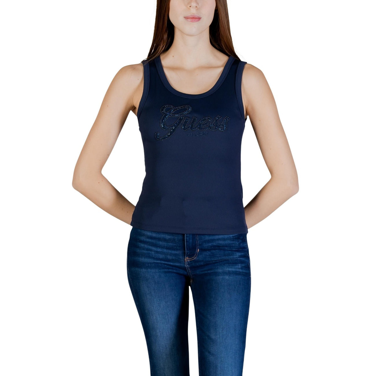 Canotta donna Guess blu in poliammide 92% ed elastan 8% con logo ricamato e scollo tondo