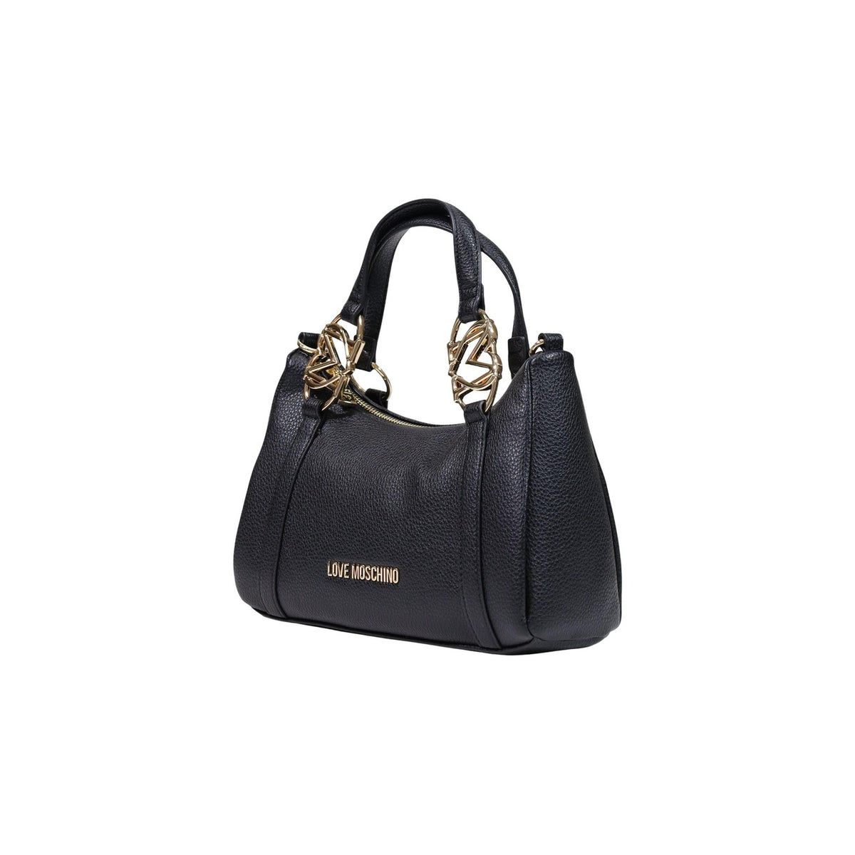 Borsa Love Moschino donna nera a mano modello JC4015PP1. Borsetta piccola bauletto in ecopelle martellata nera con dettagli oro a cuore sui manici e zip stile casual chic, romantico, elegante e da sera.