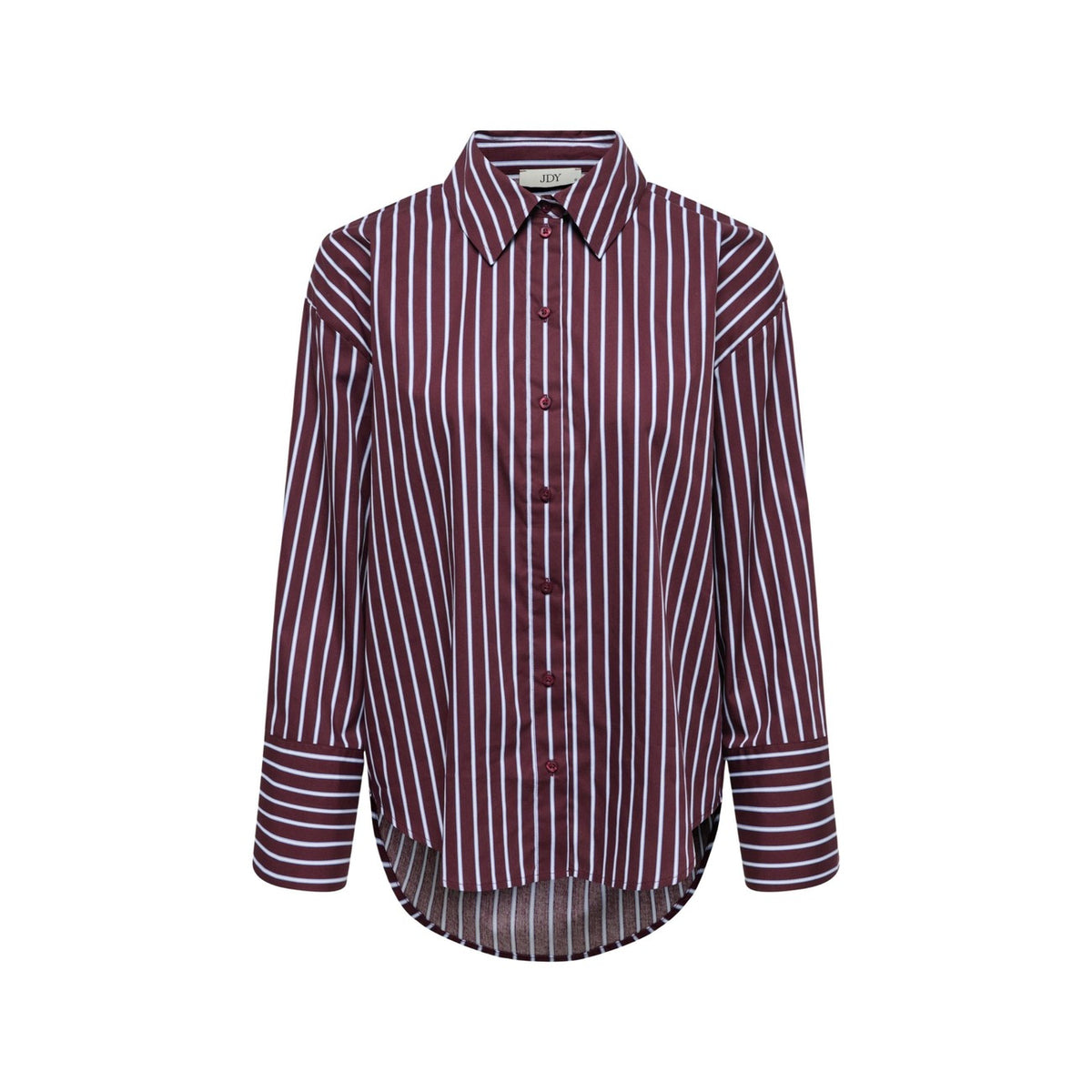 Camicia JDY a righe verticali in puro cotone, vestibilità dritta, maniche lunghe con polsini alti e chiusura a bottoni; capo versatile per ogni stagione. Vista frontale stesa