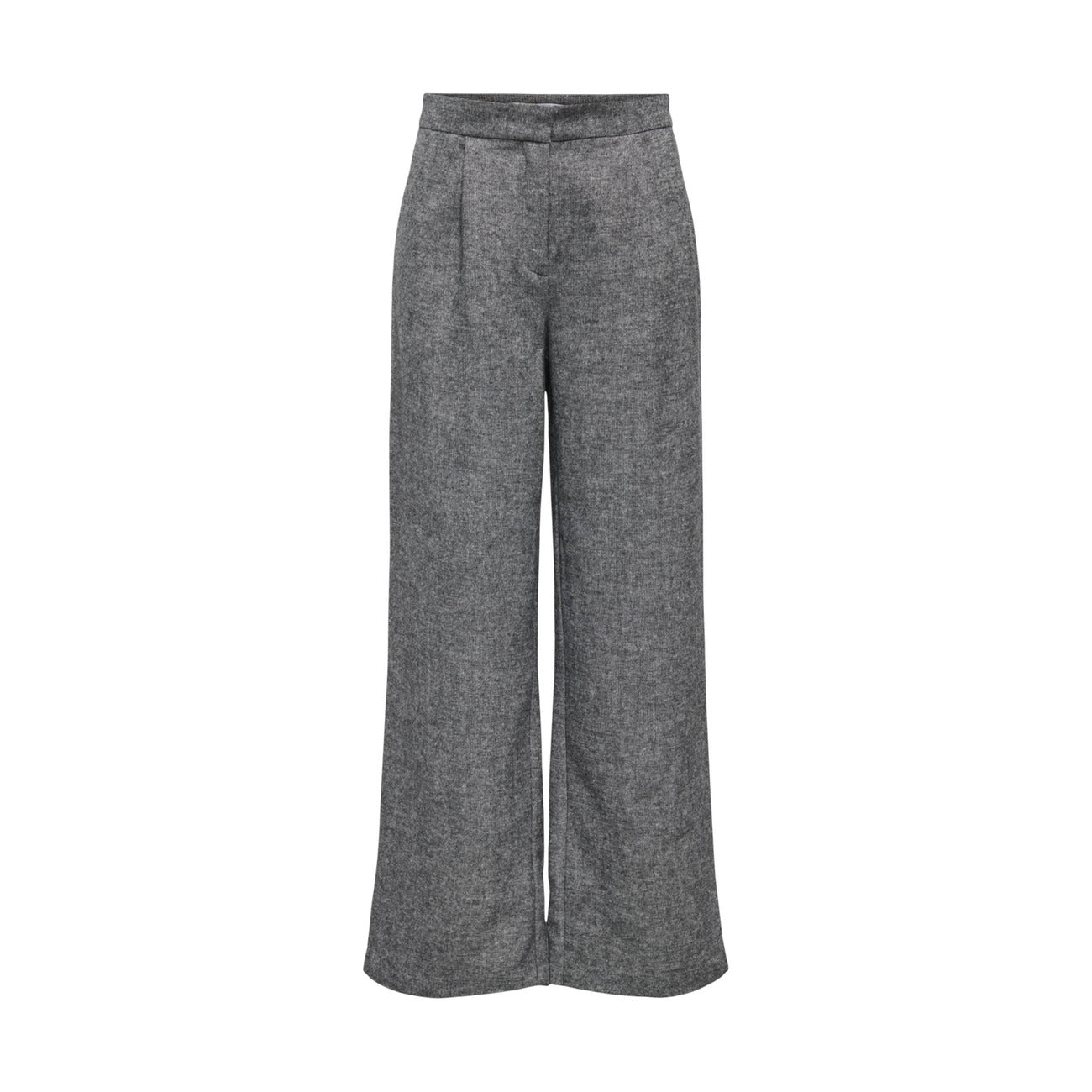 Pantaloni Only Onlbekka Wide; Effetto Lana. Vita alta, gamba larga, tessuto riciclato stretch. Pantalone palazzo donna elegante e versatile, Colore grigio vista frontale