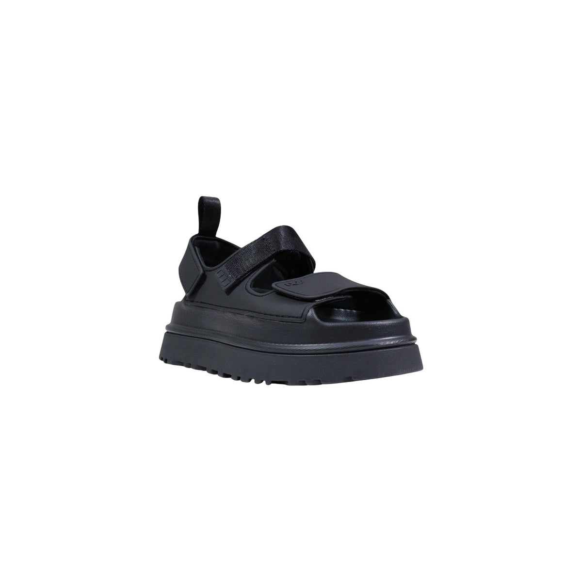 Sandali UGG GoldenGlow; design chunky a plateau, suola a carrarmato, chiusura regolabile, materiale ecosostenibile EVA da canna da zucchero. Audacia e comfort per l'estate. Colore nero vista frontale