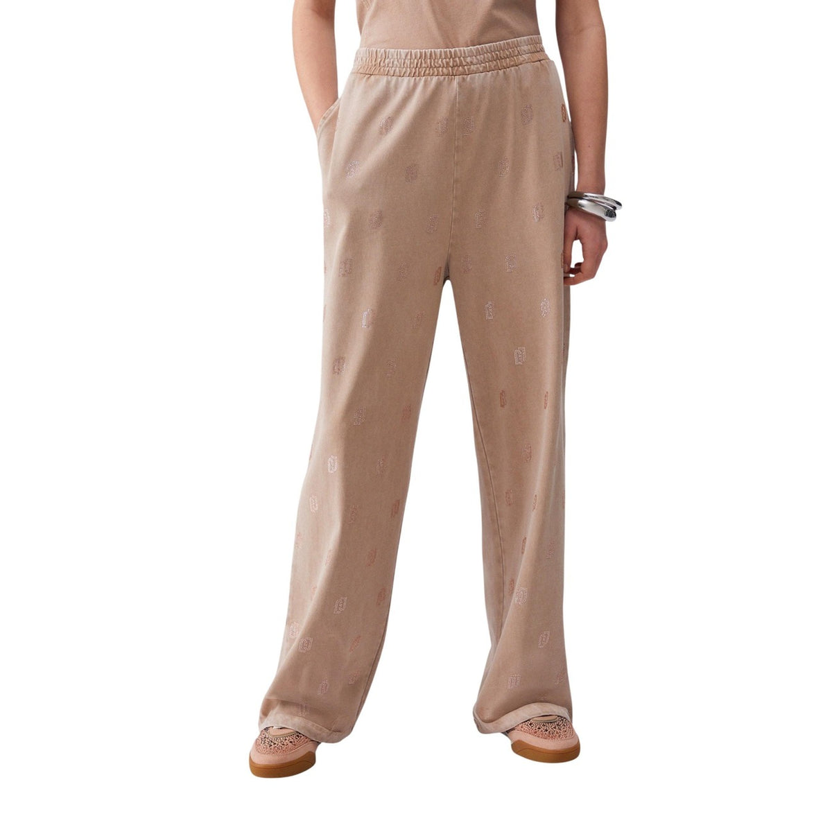 Liu Jo Pantaloni Tuta beige Logati; jogger in jersey di cotone con pattern logo all-over. Comfort premium, vita elastica e stile iconico Liu Jo vista frontale