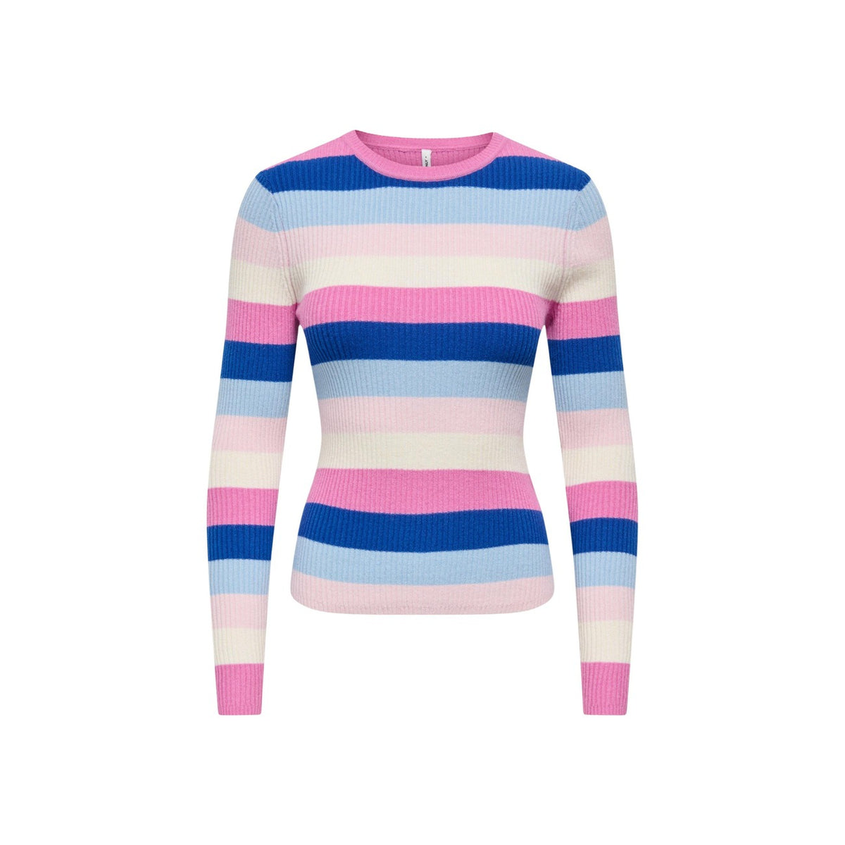 Maglia a righe azzurro rosa donna Only ONLIBI LS O-NECK RIB 15377948. Maglioncino leggero elasticizzato a costine slim fit con fibre riciclate.