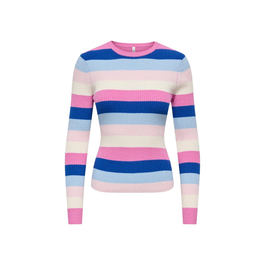 Maglia a righe azzurro rosa donna Only ONLIBI LS O-NECK RIB 15377948. Maglioncino leggero elasticizzato a costine slim fit con fibre riciclate.