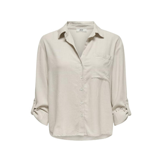 Camicia Grigia Donna in Lino e Viscosa JDY Jacqueline de Yong; Camicia fluida a maniche lunghe con taglio morbido relaxed. Scollo a V, colletto classico e stile casual-raffinato. Frontale stesa