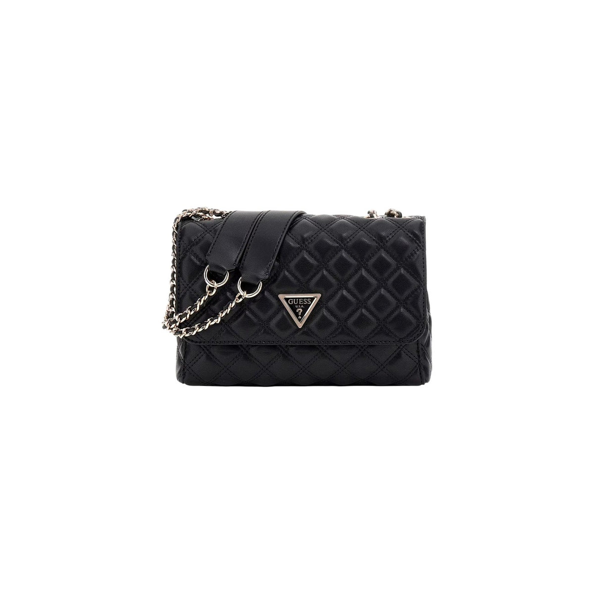 Borsa a tracolla Guess nera Cruise Vibe Top Zip HWQG96 73190. Borsa piccola da donna nera trapuntata con logo a triangolo Guess, tracolla a catena e chiusura zip con bottone magnetico, mini bag casual elegante 4 stagioni.