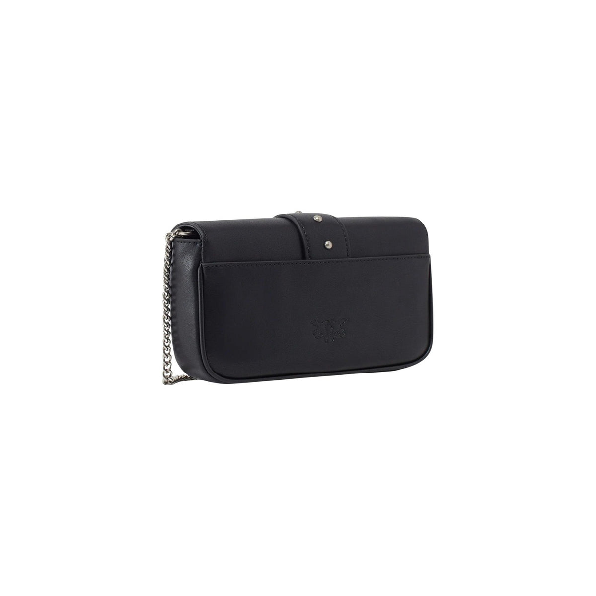Borsa Pinko donna nera e argento modello 100061 A0F1. Mini borsa a tracolla in vera pelle nera con fibbia argentata rotonda con rondini e tracolla a catena metallica argento, borsa elegante da sera e cerimonia.