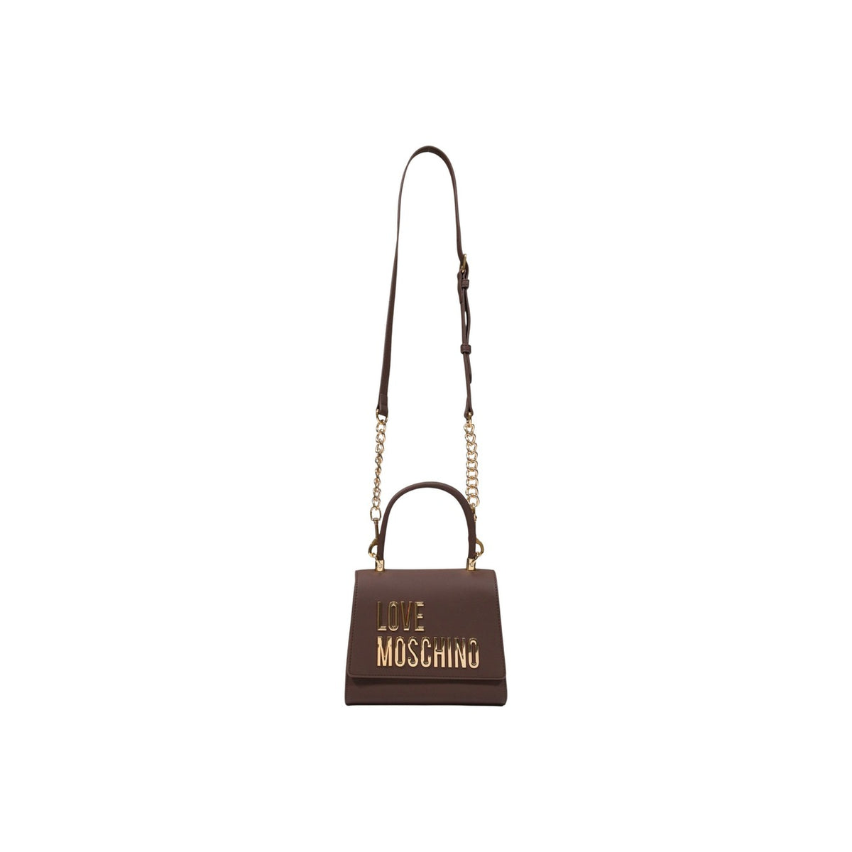 Borsa Love Moschino donna marrone a mano modello JC4024PP1. Borsetta piccola rigida marrone con fantasia logata all-over, manico superiore e logo oro sulla patta stile casual chic, elegante e da giorno.