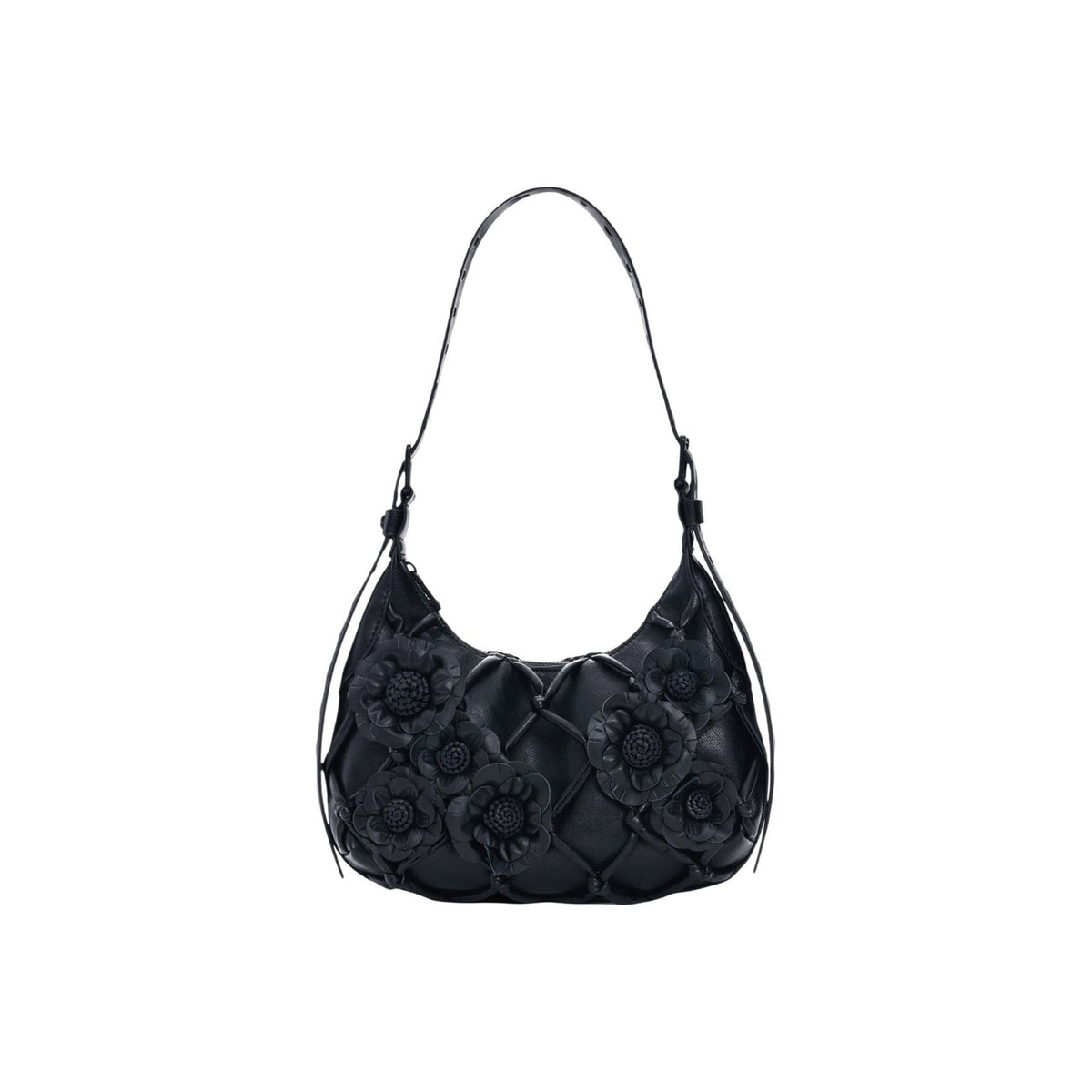 Borsa piccola con tracolla estensibile, applicazioni di fiori e dettagli di linee in stile rete, con effetto pelle a forma di rombo. Collezione SS26 Vista frontale