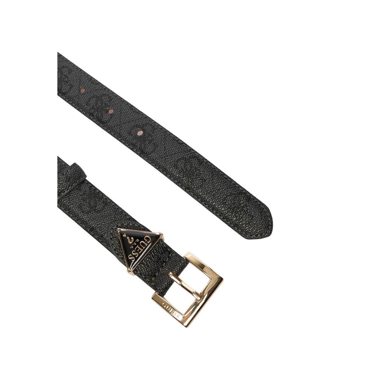 Guess Noelle Belt; stampa 4G logo, metalleria oro pallido, 100% poliestere. Cintura regolabile logata con dettaglio triangolo frontale. Colore nero/grigio. Vista frontale Fibbia logo