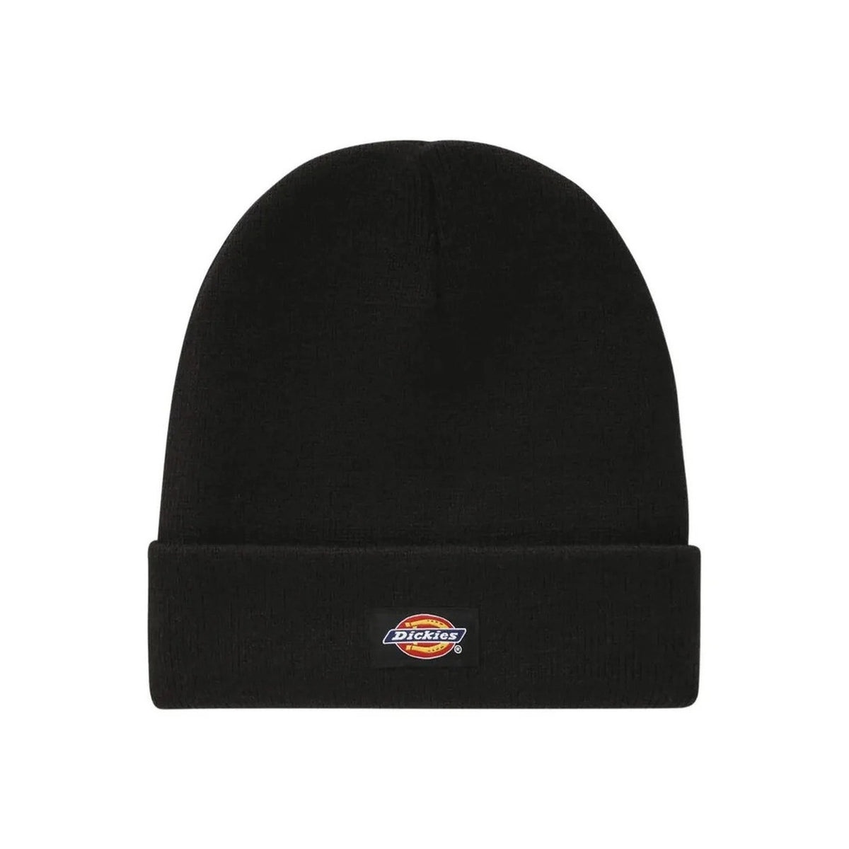 Berretto nero Dickies Gibsland DK0A4X7K. Cappello da cuffia invernale unisex in morbida maglia acrilica anti-pelucchi nera con risvolto e patch logo Dickies.
