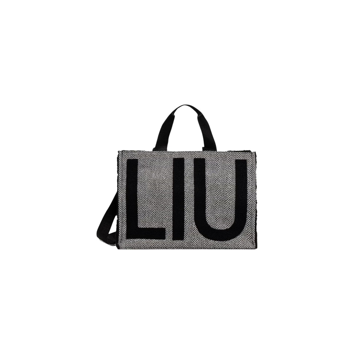 Borsa shopper Liu-Jo nera spina di pesce 2F6037 T0300. Borsa da donna nera in tessuto spigato con maxi logo contrasto, doppi manici, tracolla staccabile e chiusura zip, borsa capiente da lavoro e quotidiana 4 stagioni.