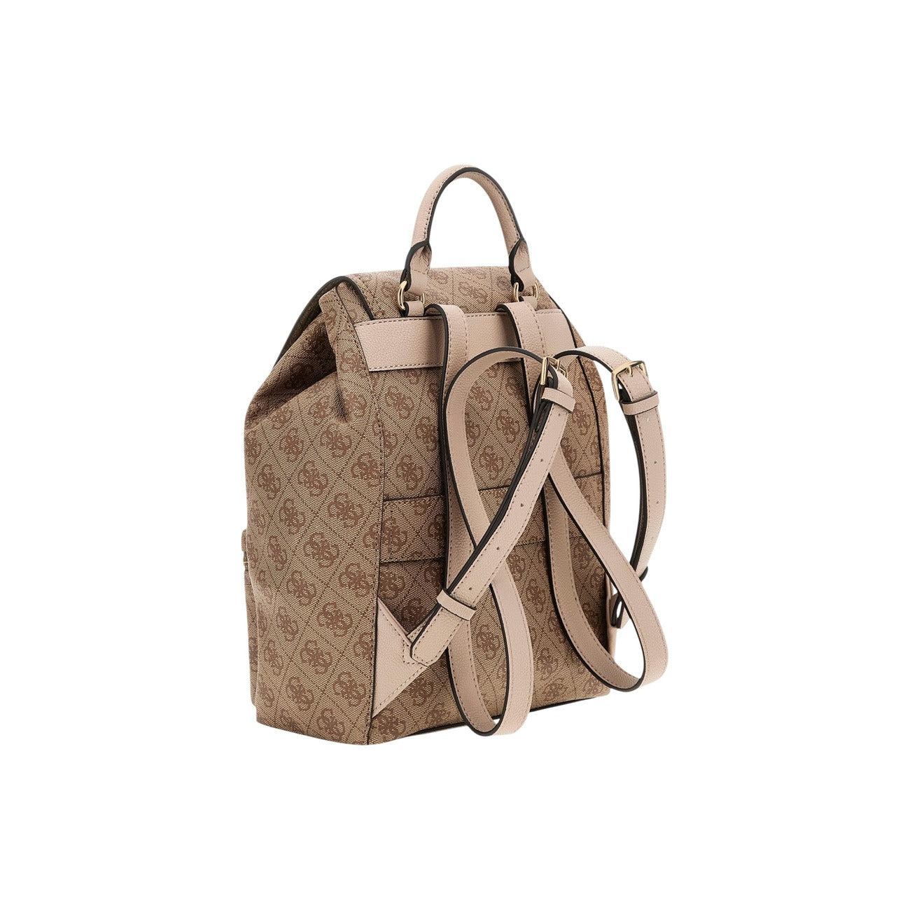 Zaino beige donna Guess MANHATTAN II FLAP BACKPACK. Realizzato interamente in poliuretano di alta qualità, texture con logo Guess in rilievo. patta con chiusura magnetica e dettagli metallici dorati. doppia tasca frontale con zip. schienale e gli spallacci regolabili. Vista posteriore retro