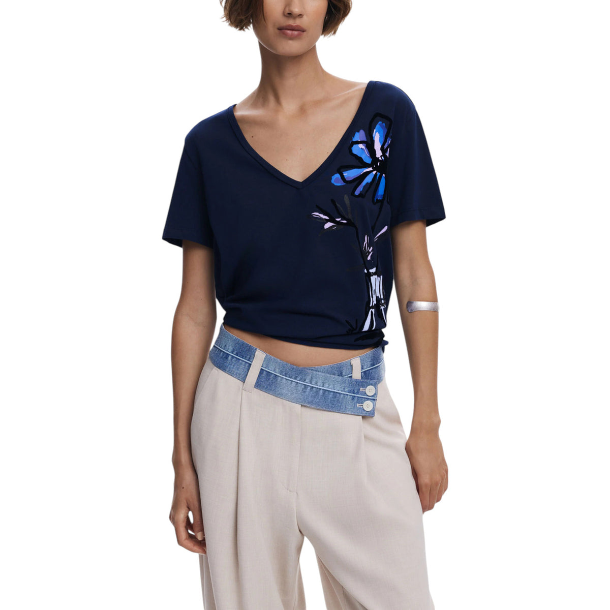 Desigual T-Shirt Donna Blu Stampa Manica Corta Scollo a V 100% Cotone Primavera/Estate 25WWTK28
