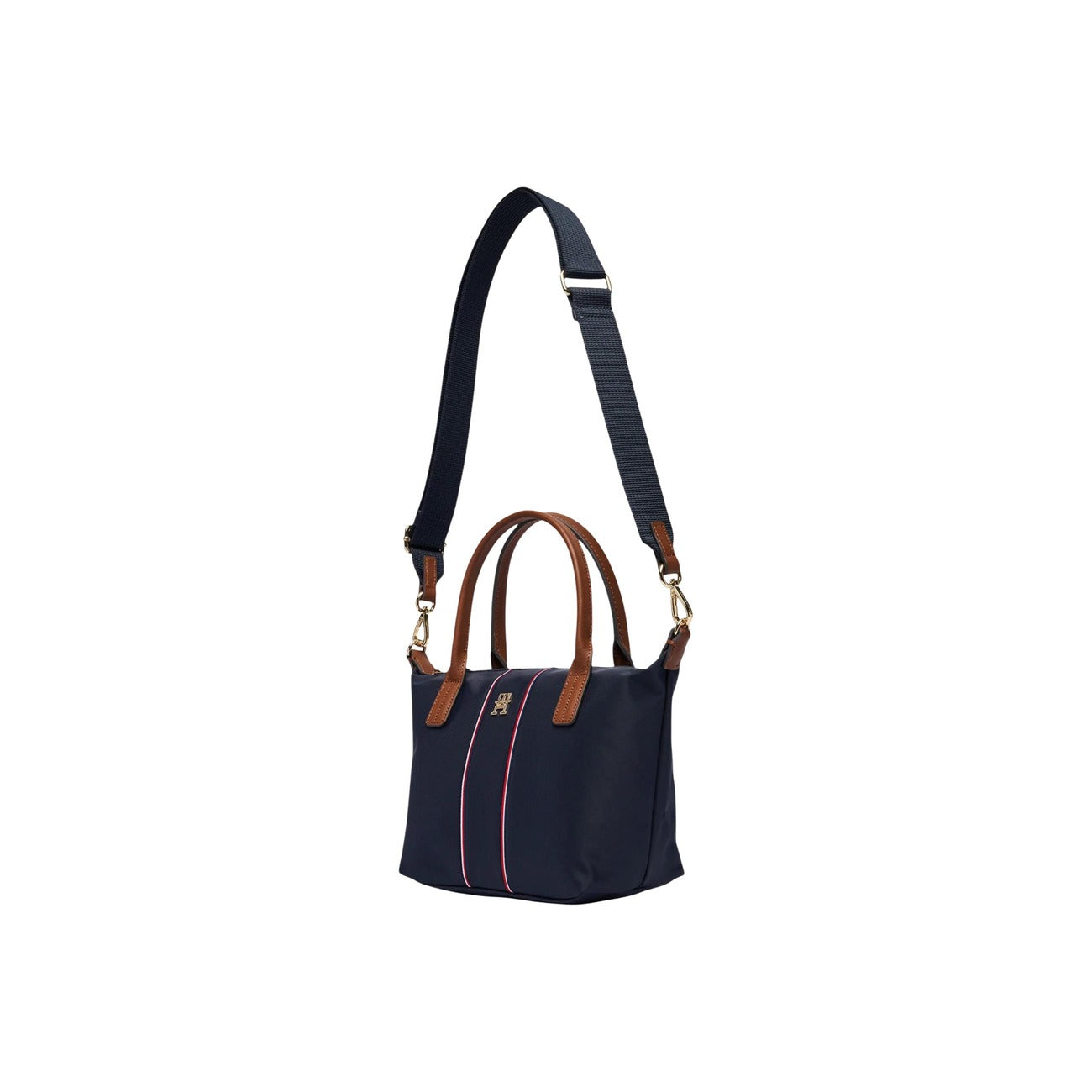 Mini Tote Tommy Hilfiger Blu; Nylon riciclato e Pelle. Chiusura con zip, manici rigidi e tracolla removibile. Dettaglio logo metallico e bande Corporate. Dimensioni 20x11x11 cm. Design iconico e sostenibile. Vista con tracolla