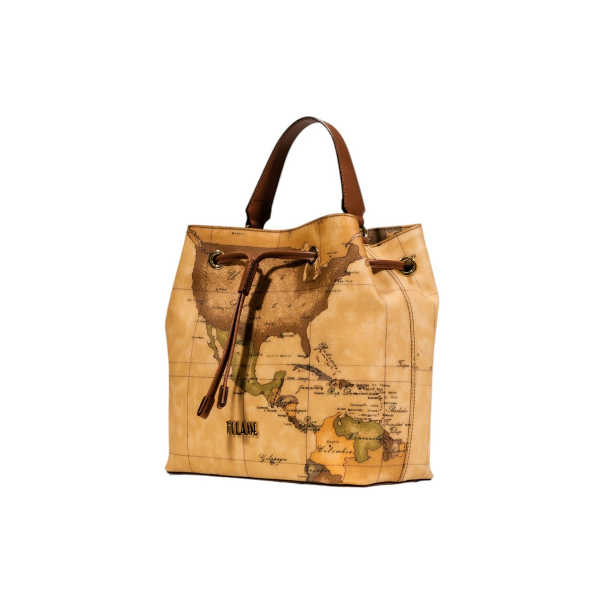 Borsa secchiello Alviero Martini Prima Classe Geo Classic C E062 6000. Borsa da donna beige in vera pelle con stampa mappa geografica, chiusura a coulisse, manico e tracolla, borsa iconica 4 stagioni.