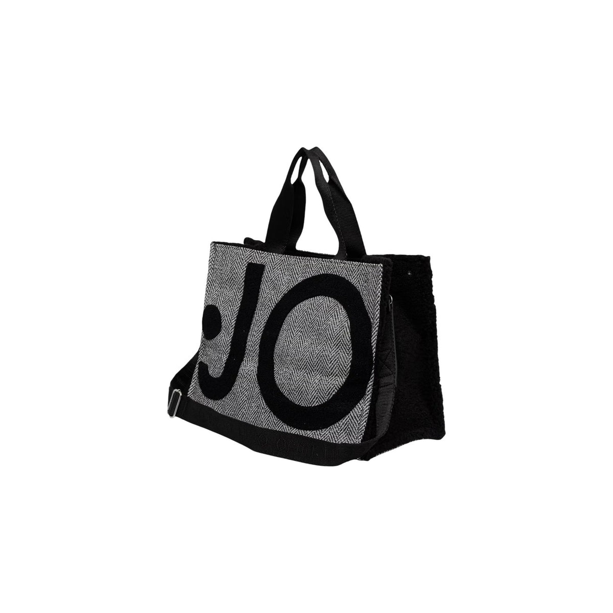 Borsa shopper Liu-Jo nera spina di pesce 2F6037 T0300. Borsa da donna nera in tessuto spigato con maxi logo contrasto, doppi manici, tracolla staccabile e chiusura zip, borsa capiente da lavoro e quotidiana 4 stagioni.