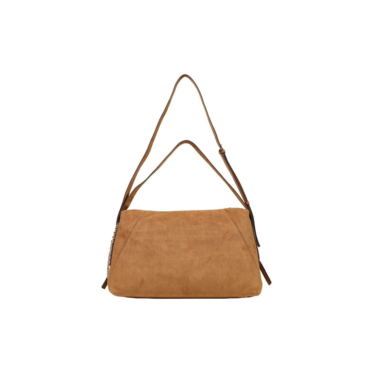 Borsa Tracolla Marrone Guess Coleen; Tessuto 100% poliestere effetto scamosciato. Doppio manico regolabile per porto a spalla o a mano, ampio scomparto con zip. Logo a triangolo e charm metallico, stile casual-luxury 4 stagioni. Vista posteriore