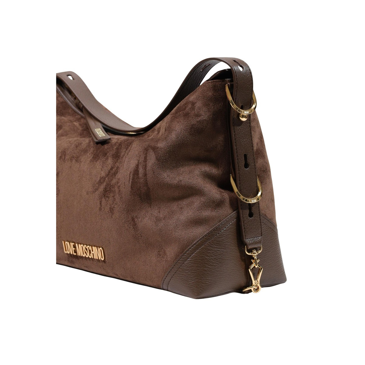 Borsa Love Moschino donna marrone spalla modello JC4090PP. Borsa grande a sacco color marrone cioccolato in tessuto morbido effetto velluto e rifiniture in ecopelle, con manico regolabile, dettagli e scritte logo in metallo oro, stile casual e chic.