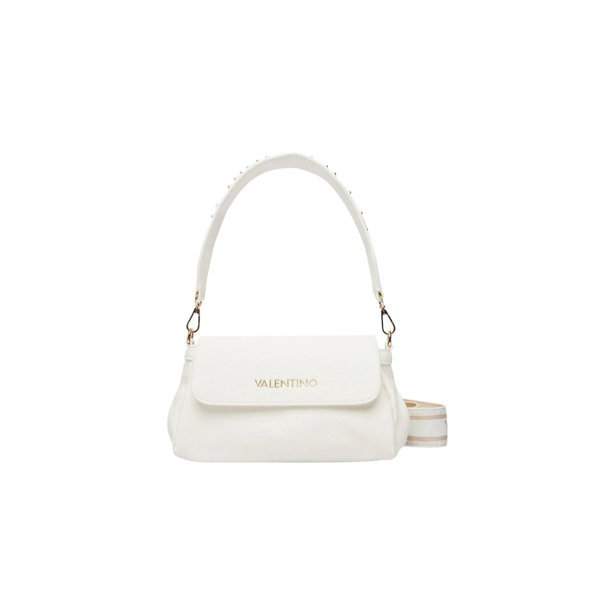 Borsa Piccola Bianca Donna Valentino Bags Dea; Misure 10x16x8 cm. Tessuto 100% poliuretano con chiusura a patta e cerniera interna. Doppia tracolla rimovibile con borchie e logo in metallo dorato lucido, stile elegante 4 stagioni. Vista frontale