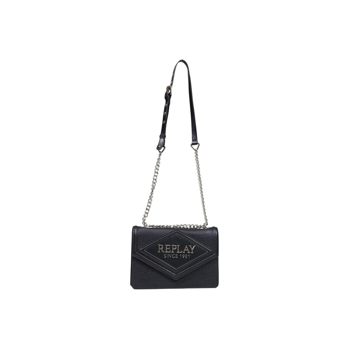 Borsa tracolla Replay nera logo metallo FW01CL.000.A7243S. Borsa piccolamedia da donna nera in ecopelle martellata e liscia con logo 3D in rilievo, tracolla catena dorata o argentata regolabile e chiusura cerniera, borsa elegante da sera e tempo libero 4 stagioni.