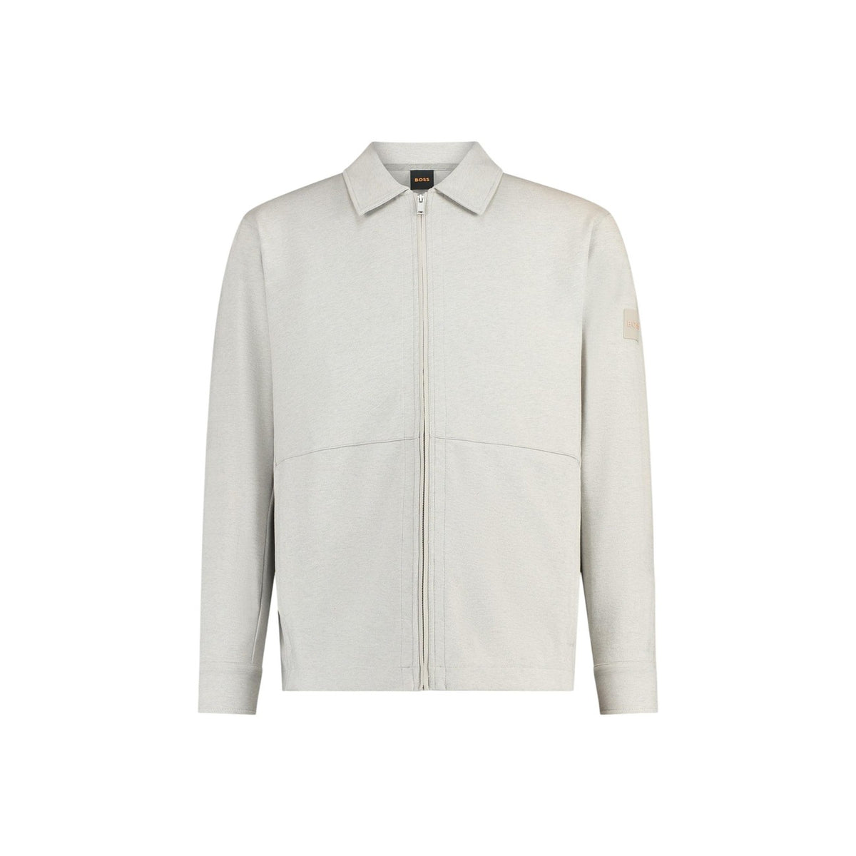 Felpa con zip Boss Pe_Twist, modello senza cappuccio con colletto classico, logo discreto sulla manica e composizione in cotone elasticizzato. Vista frontale stesa