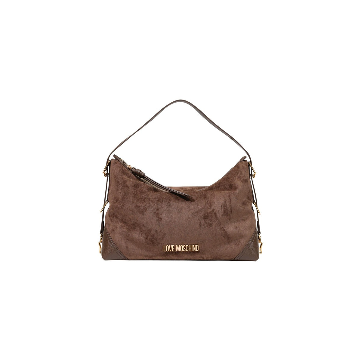 Borsa Love Moschino donna marrone spalla modello JC4090PP. Borsa grande a sacco color marrone cioccolato in tessuto morbido effetto velluto e rifiniture in ecopelle, con manico regolabile, dettagli e scritte logo in metallo oro, stile casual e chic.