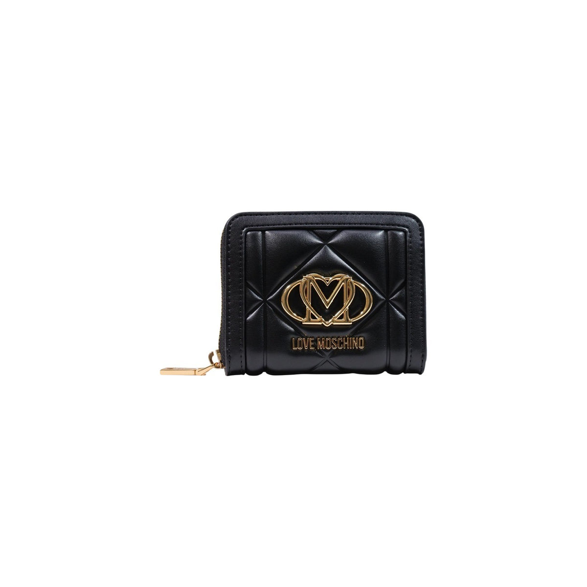 Portafoglio Love Moschino donna nero piccolo modello JC5641PP. Portatessere e portamonete compatto trapuntato nero con zip perimetrale oro stile elegante, classico e da borsa.