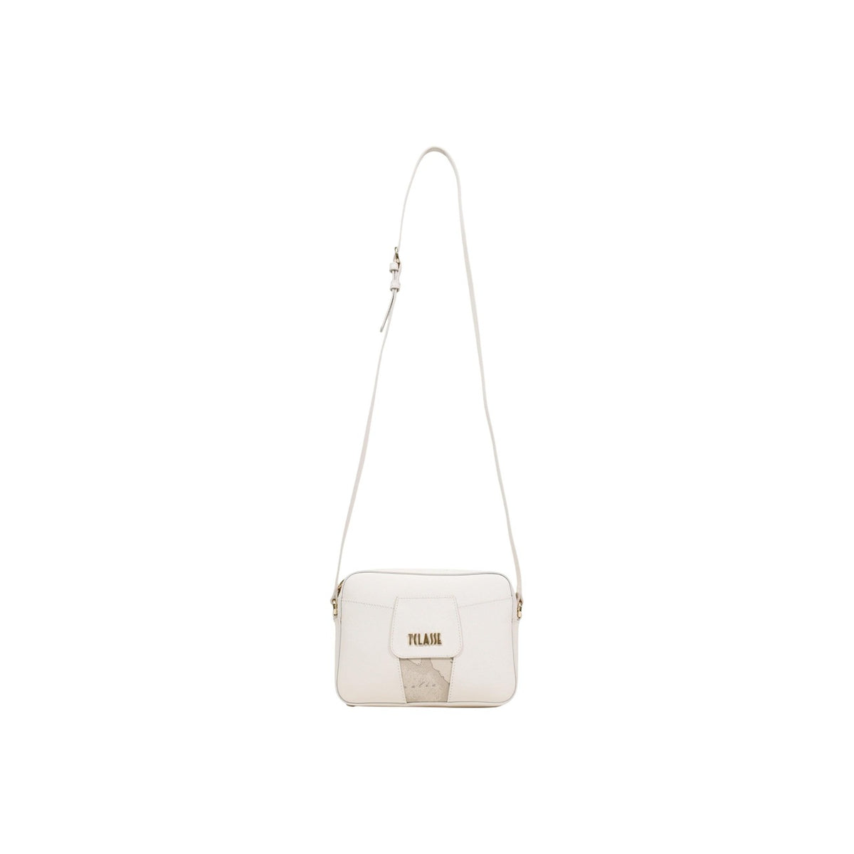 Reporter Bag Bianca Alviero Martini Prima Classe, stampa Geo e logo dorato, tracolla regolabile e scomparto con zip; borsa piccola rettangolare in misto PVC e cotone, ideale per il tempo libero. Vista frontale Con tracolla