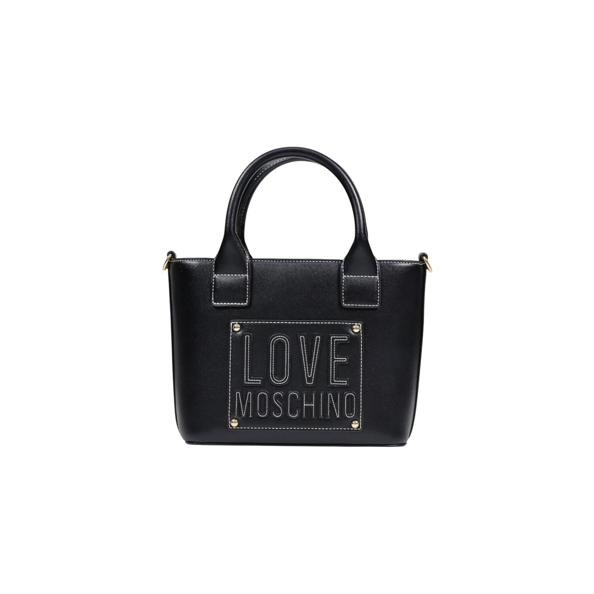 Borsa Love Moschino donna nera a tracolla modello JC4086PP1. Borsetta piccola nera a mano e a spalla con doppi manici corti, tracolla removibile, logo in rilievo con inserti metallici oro sul davanti e chiusura con zip, stile casual chic ed elegante.