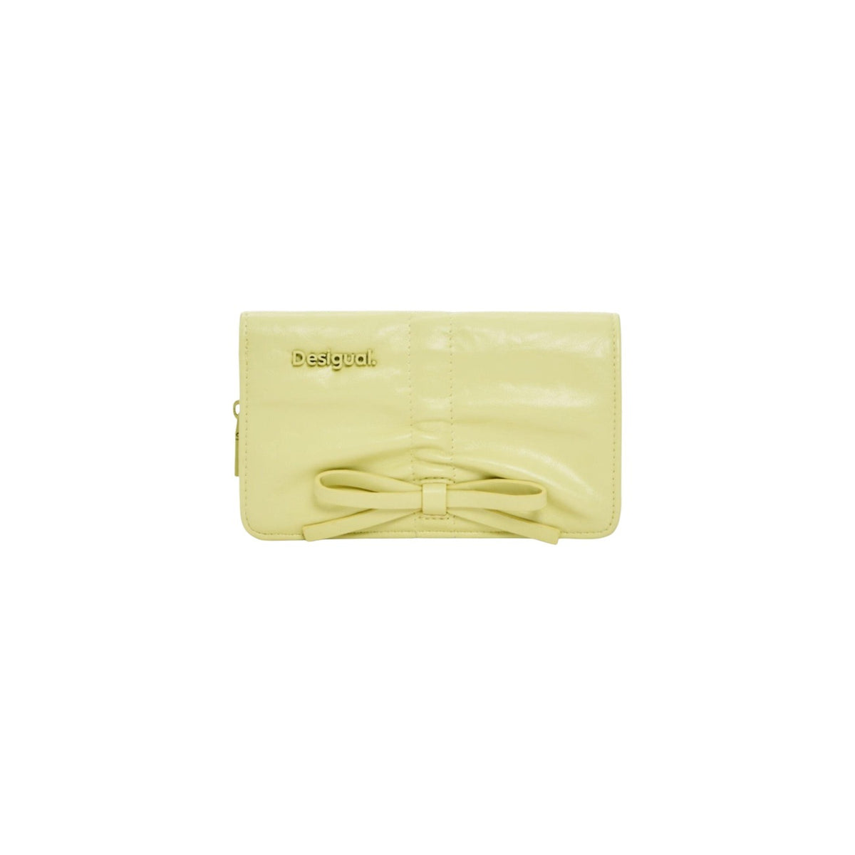 Portamonete piccolo giallo con portacarte, chiusura con zip, dettaglio arricciato, fiocco decorativo e finitura effetto pelle lucida.