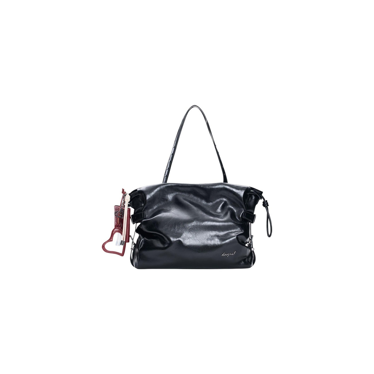 Borsa shopping Desigual donna nera modello BAG_GALAXY LIFTA 2.0. Borsa a mano grande e capiente in ecopelle nera lucida con doppi manici, tracolla rimovibile, tasca interna con cerniera e ciondolo portachiavi, borsa tote casual ed elegante per l'ufficio e il giorno.