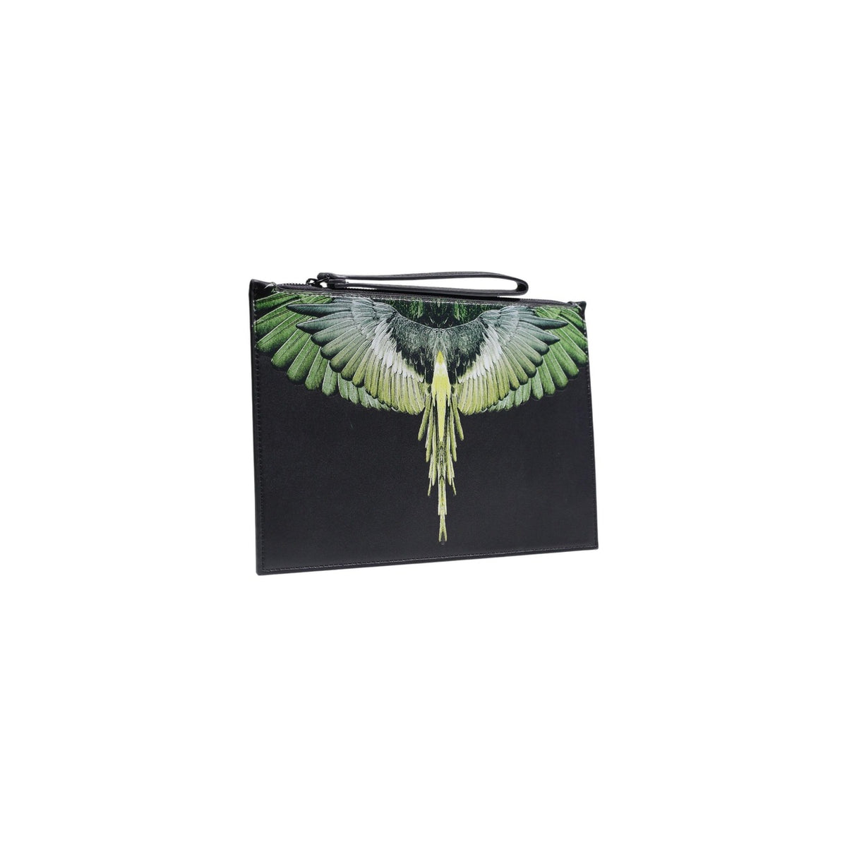 Pochette County of Milan Wings; ecopelle premium, stampa ala grafica, chiusura zip, laccetto da polso. L'accessorio urban essenziale. Vista frontale
