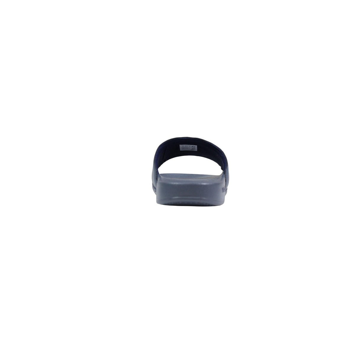 Ciabatte blu a fascia da uomo Lacoste Serve Slide 1.0 con logo del coccodrillo in rilievo sulla fascia ampia e suola ergonomica coordinata. Vista da dietro
