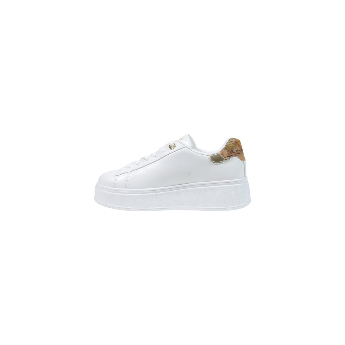 Sneakers bianche platform donna Alviero Martini Prima Classe Z 1624 300E. Scarpe da ginnastica con suola alta 5 cm, dettagli dorati, mappa Geo Classic sul tacco e tomaia in sintetico bianco.