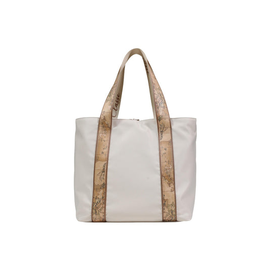 Borsa reversibile Alviero Martini Dual Bag; Nylon e tessuto soft Geo Classic. Maxi logo 1C oro chiaro, chiusura con laccetti, manici logati. Colore Sabbia. Shopping bag capiente e trasformabile per la stagione estiva. Vista posteriore