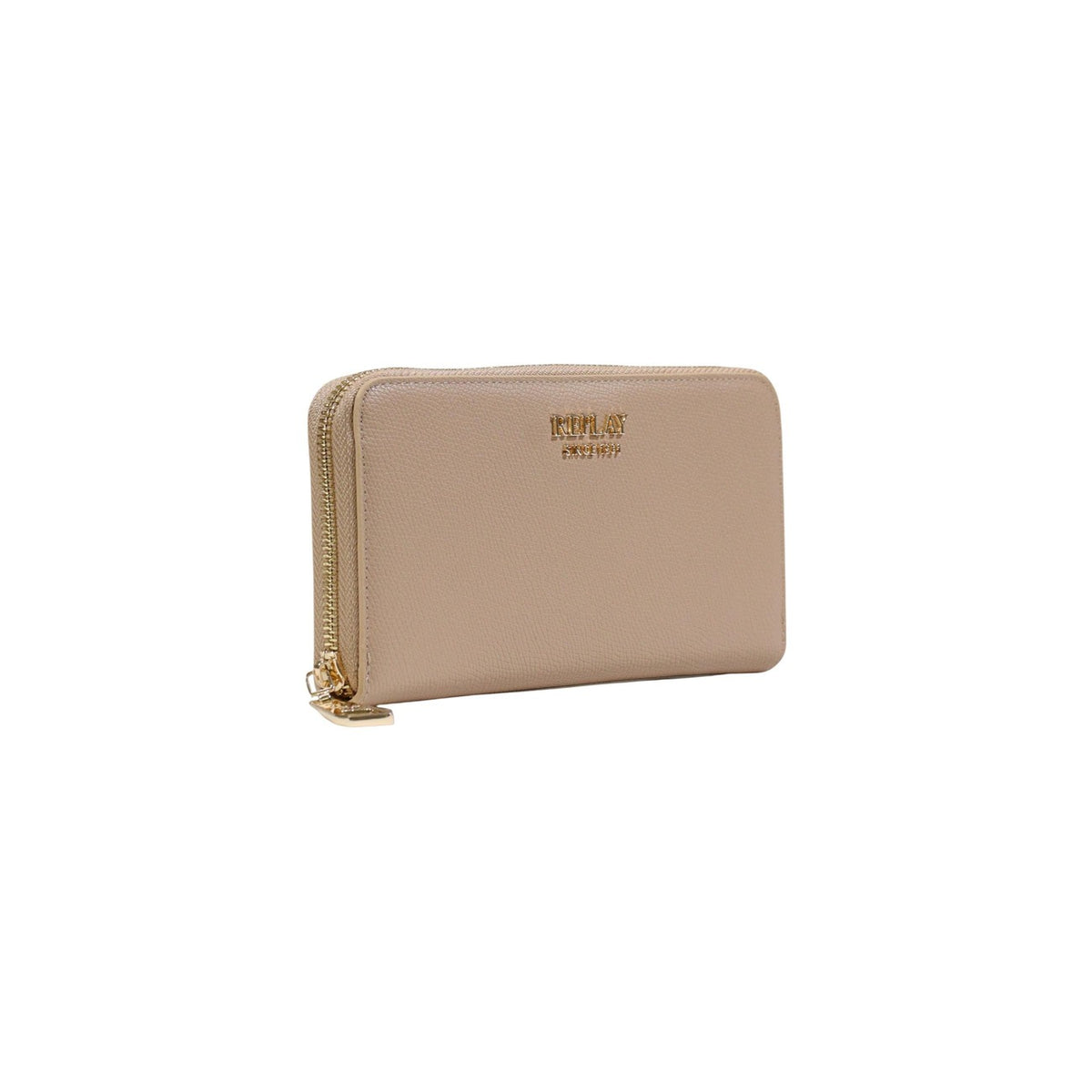 Replay Portafoglio Grande FW5382; ecopelle martellata, zip around, logo dorato. L'accessorio pratico e sofisticato per l'organizzazione quotidiana. Colore marrone vista laterale frontale