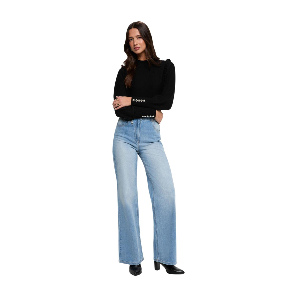 Maglione corto donna Morgan De Toi nero – Pullover collo alto bon ton con volant e bottoni 222-MGENEV.