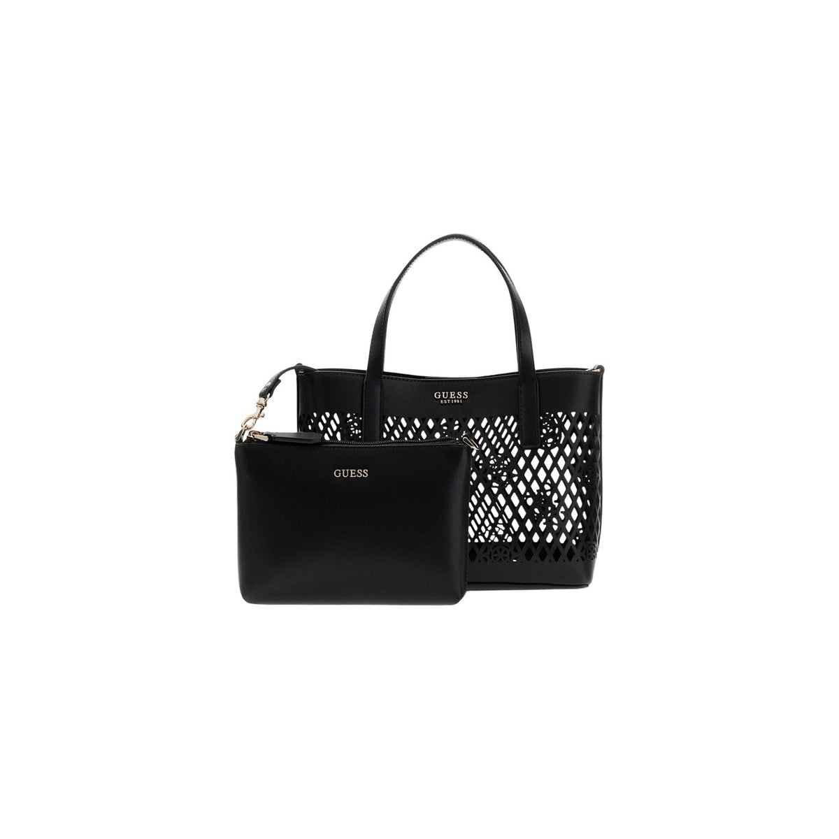 Guess Letty HWPG99 11750, mini tote traforata con pochette nera interna estraibile; doppia portabilità a mano o al braccio, logo iconico e design contemporaneo in 100% poliuretano. Vista frontale con pochette