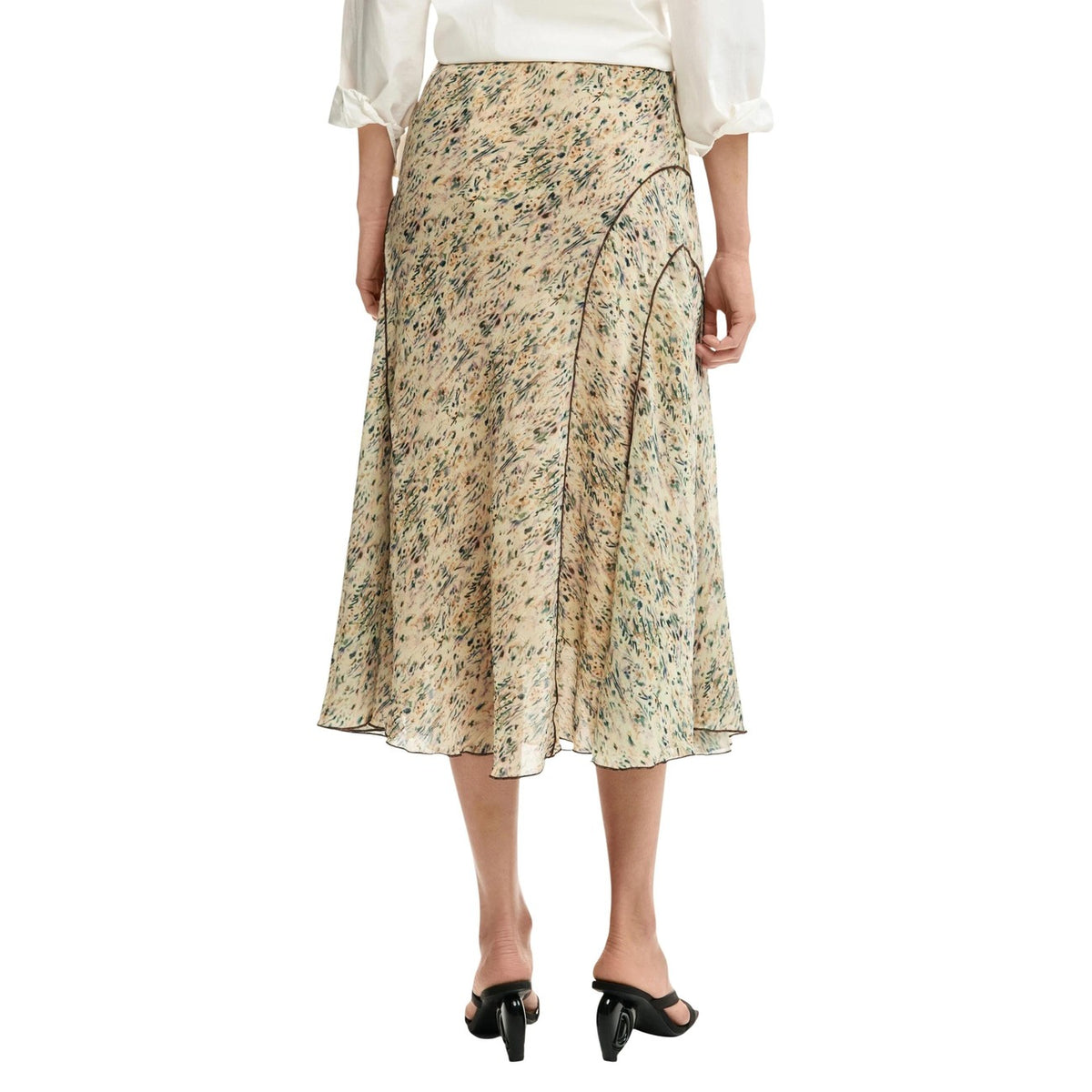 Gonna Midi Desigual PE26; stampa marmorizzata, dettagli floreali, profili a contrasto, chiusura zip. Il tocco fluido e sostenibile per ogni occasione. Vista posteriore