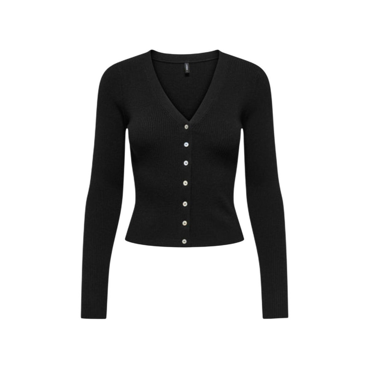 Cardigan nero aderente Only Onlmist a costine con scollo a V e bottoni, realizzato in misto viscosa e nylon dalla mano morbida.