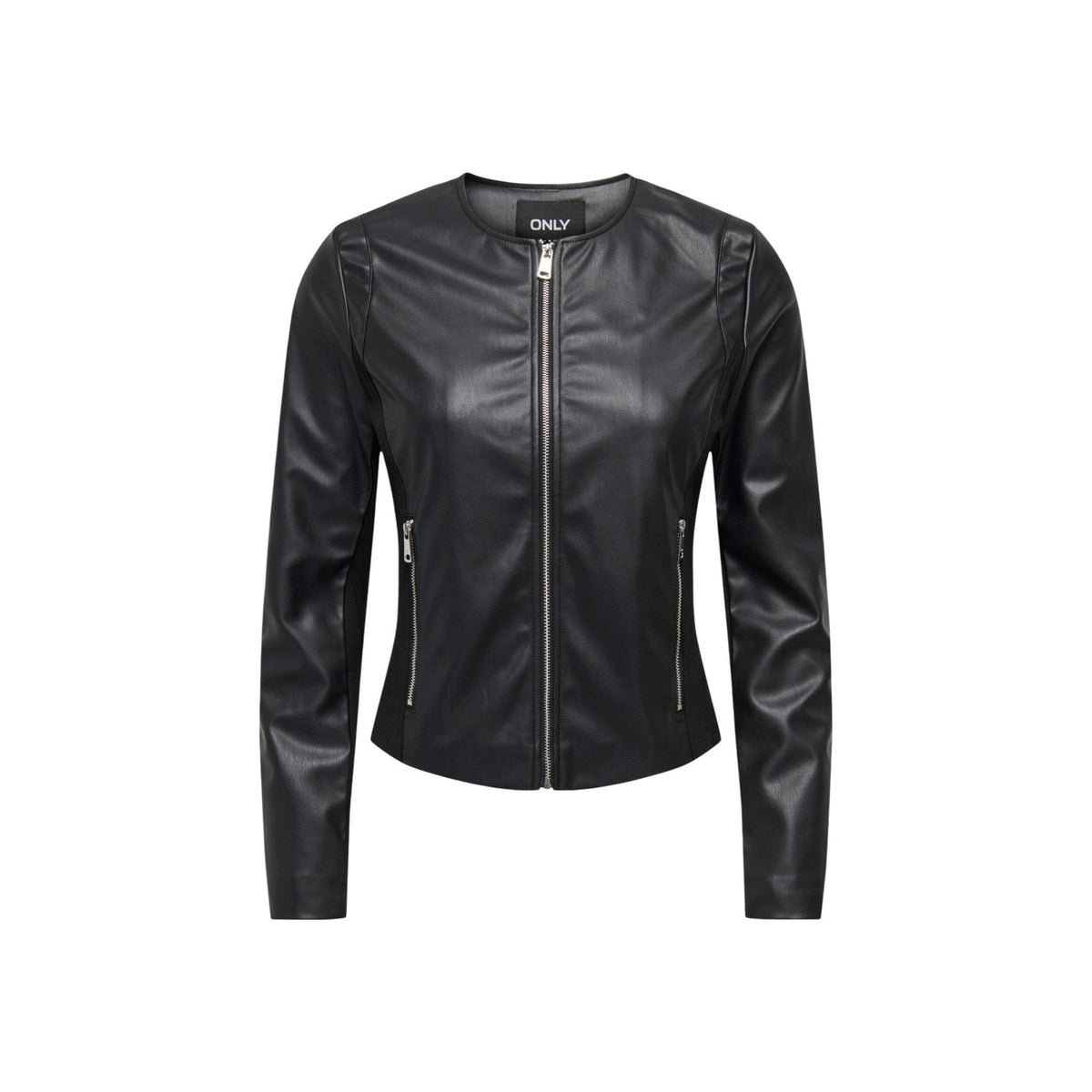 Giacca similpelle nero donna Only ONLBITTEN 15373291. Giubbino chiodo aderente in ecopelle per la mezza stagione con cerniera frontale, collo tondo e tasche con zip.
