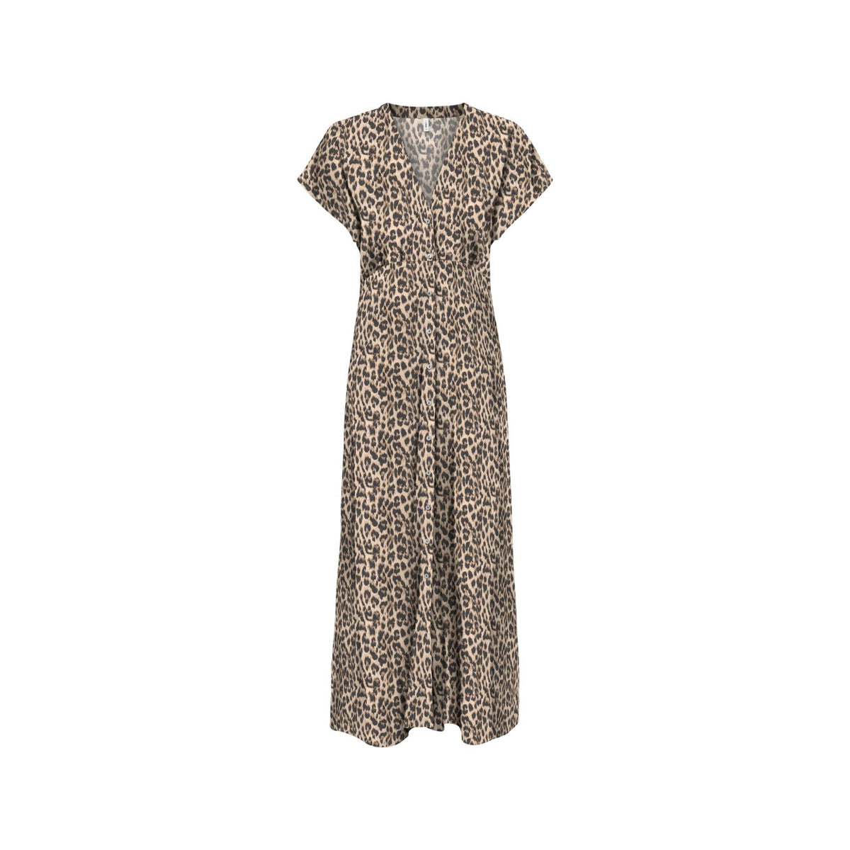 Abito lungo chemisier Only; 100% Viscosa. Stampa animalier, bottoni frontali, scollo a V. Vestito estivo fluido, leggero e chic. Vista frontale stesa