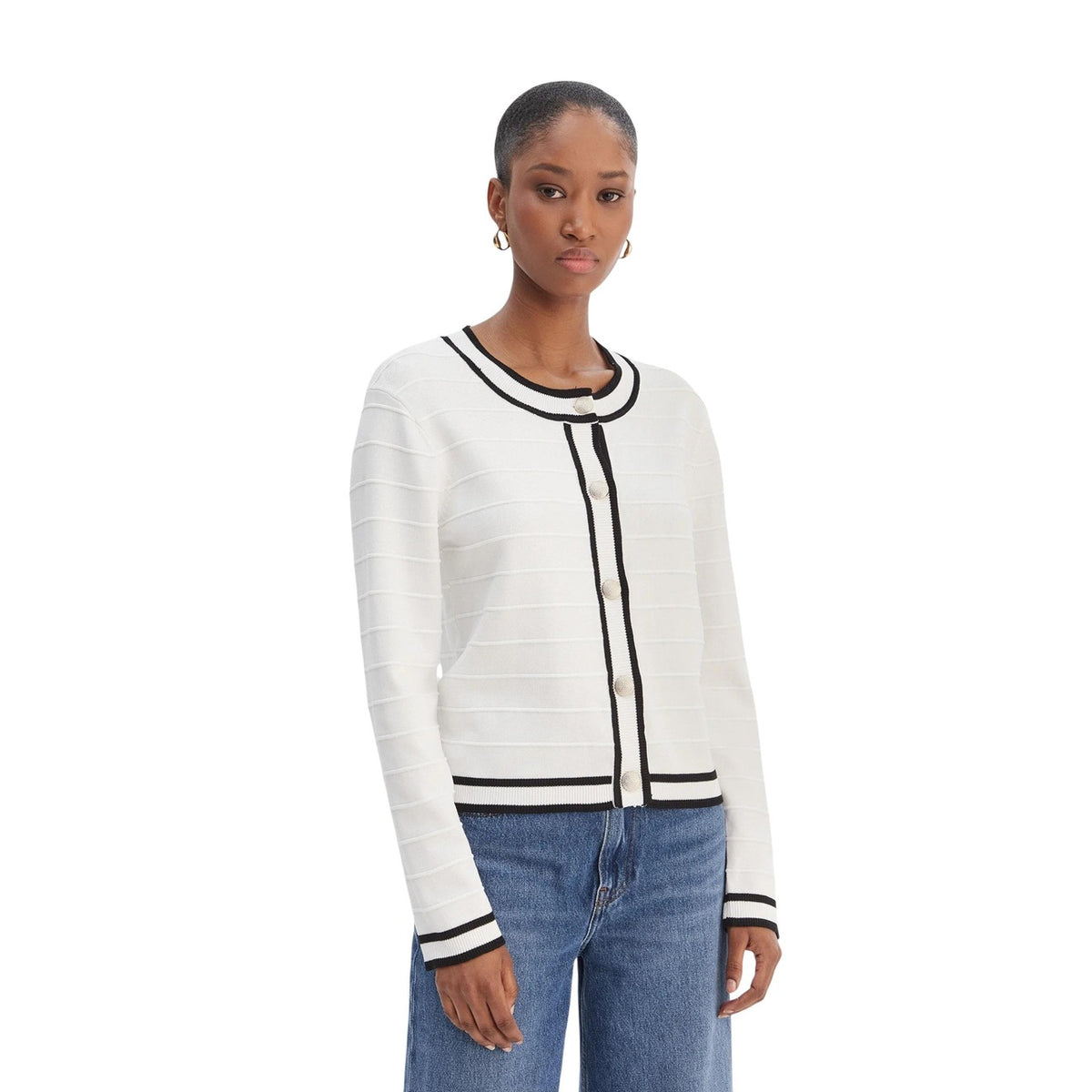 Morgan De Toi Cardigan MLIO; maglia a coste con profili bicolore e bottoni rifiniti. Un classico del guardaroba femminile, morbido e versatile. Vista frontale