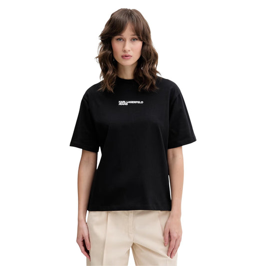 T-shirt Cotone Bio Regular; 100% Organico. Girocollo, stampa petto minimal, maxi logo incorniciato sul retro. Maglia traspirante, sostenibile e versatile per la stagione PE26. Colore nero vista frontale