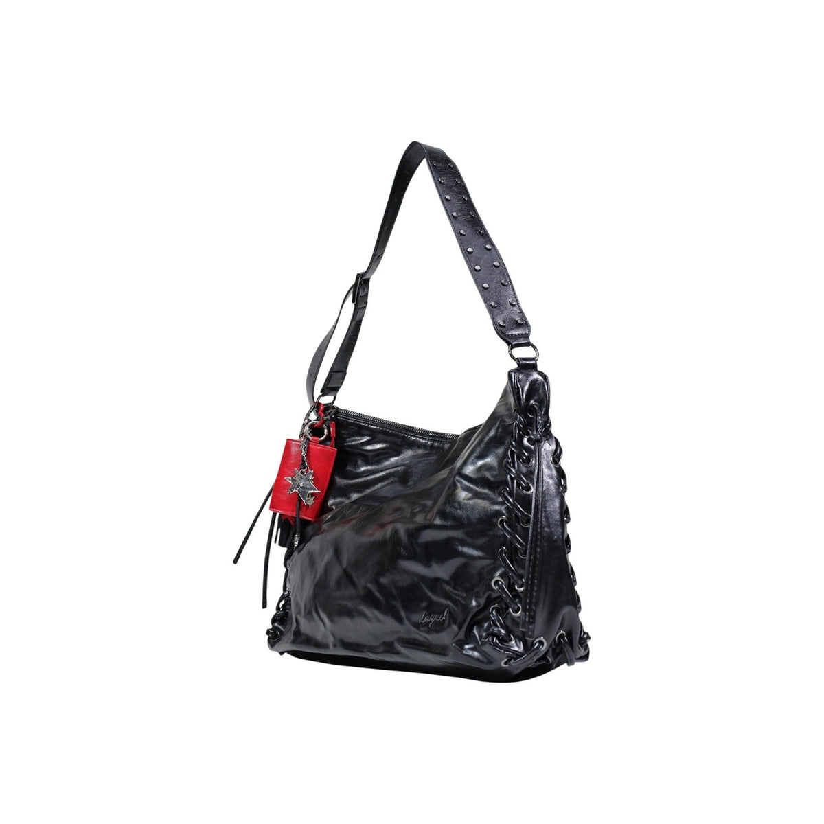 borsa grande Desigual BAG_GALAXY LEIRIA nera, realizzata in poliestere con finitura lucida.
Vista frontale laterale