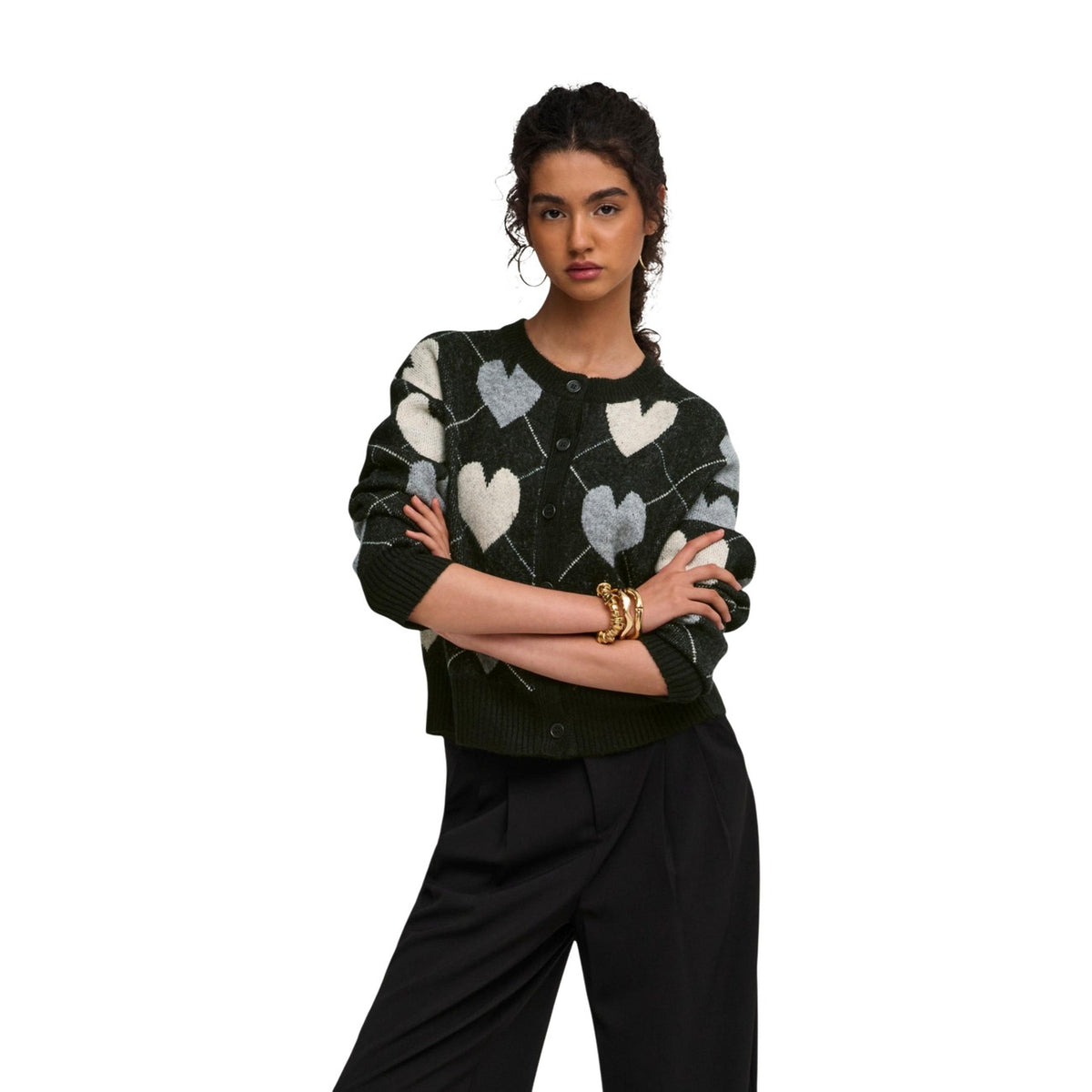 Cardigan girocollo donna ONLY – Maglione aperto con bottoni e lavorazione jacquard 15384843.