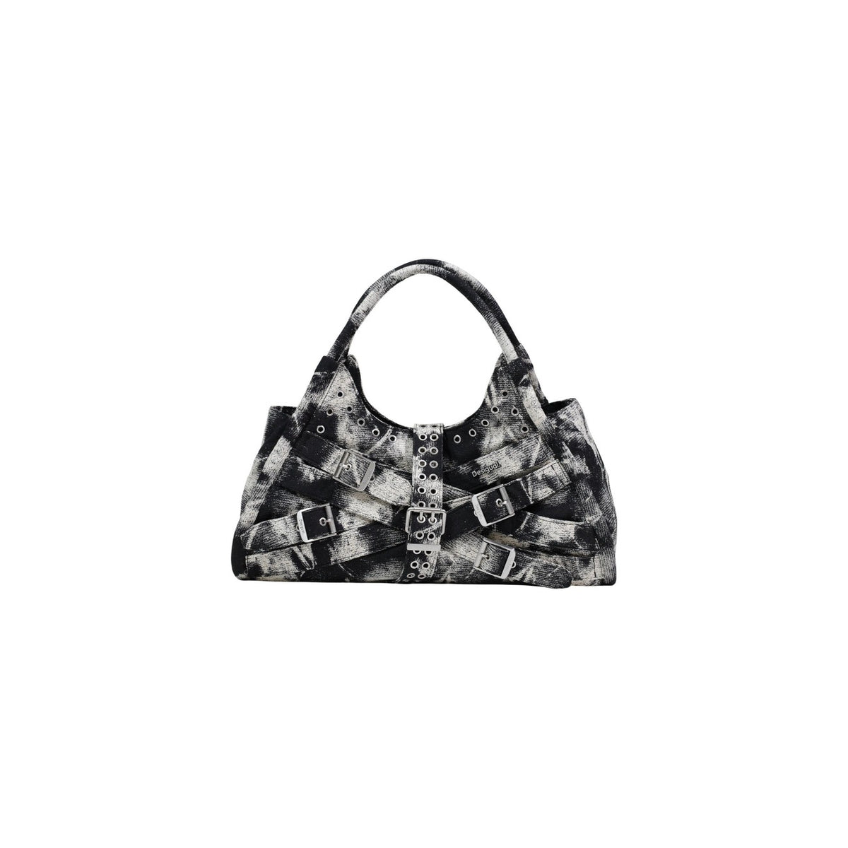 Borsa grande in tessuto di cotone con stampa grafica in scala di grigi. Singolo manico regolabile con chiusura a fibbia e design con occhielli metallici sulla parte superiore.