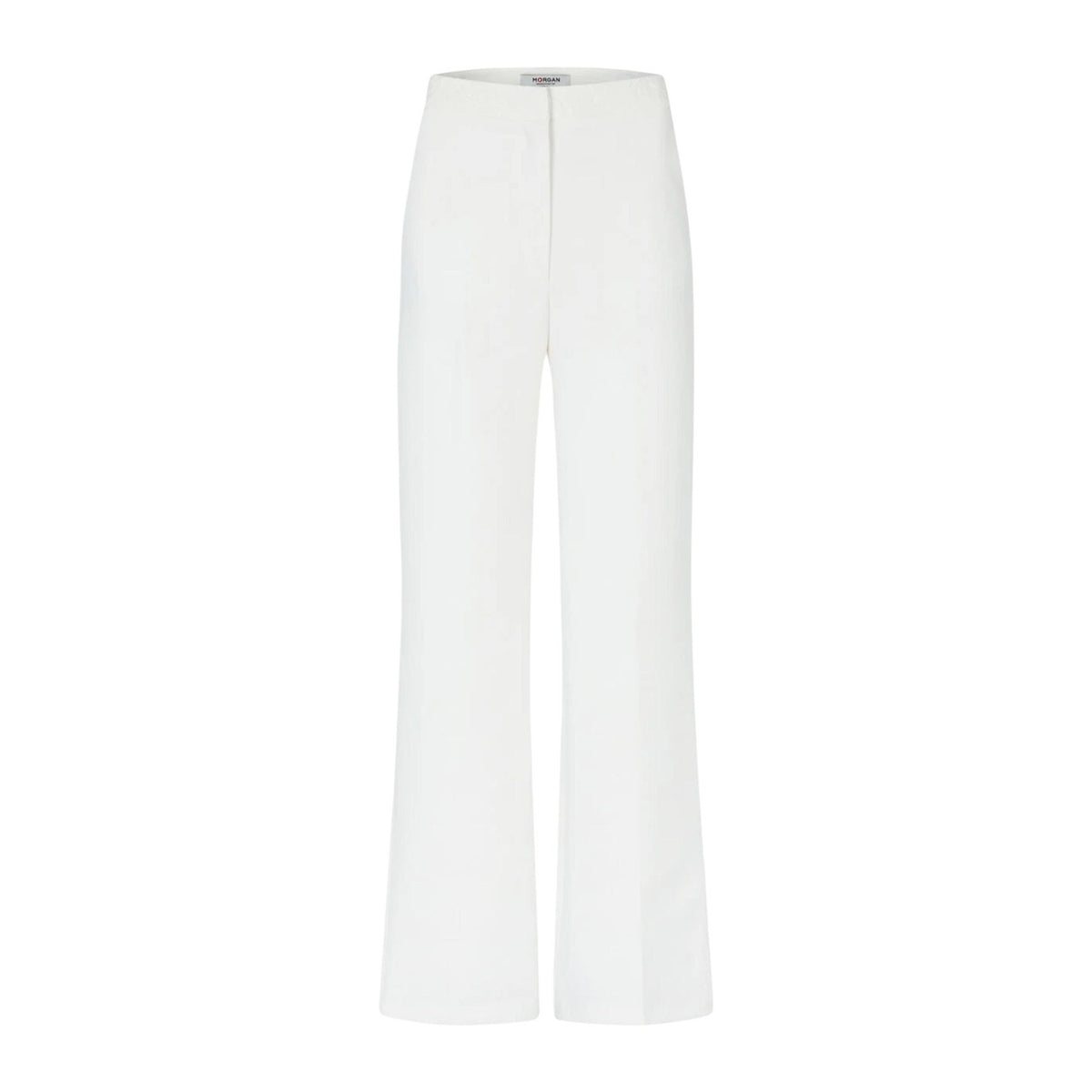 Pantaloni Bootcut Morgan De Toi; 77% Poliestere, 17% Viscosa, 6% Elastam. Vita alta, fondo a zampa, vestibilità stretch. Pantaloni donna modellanti e di tendenza per la PE26. Vista frontale stesa