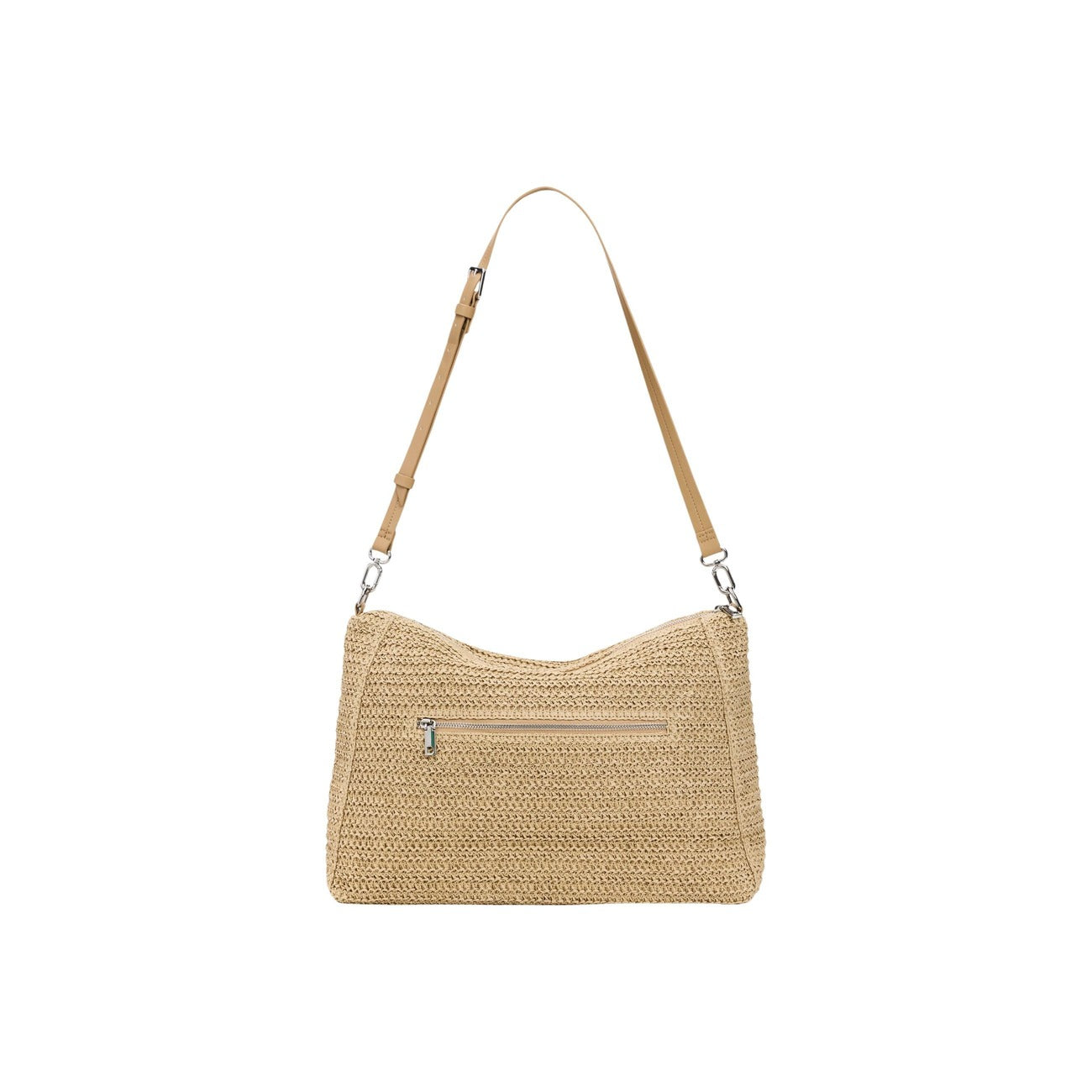 Borsa grande in rafia di forma rettangolare, tracolle intercambiabili, dettaglio di charms con portacarte ed etichetta con logo ricamato con effetto pelle.
Colore beige vista posteriore